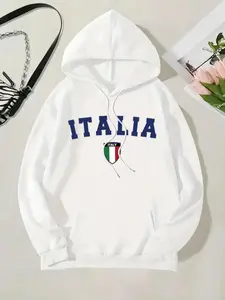 Women's "ITALIA" Letter Graphic Drop Shoulder Hoodie, Fashion Casual Drawstring Pocket Hooded Sweatshirt for Daily Holiday Outdoor Wear, Women Clothing for Fall & Winter