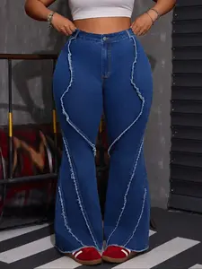 【Plus Size】 Solid Color Flare Leg Denim Jeans, Fashion Casual Bell Bottom Trousers for Daily Outdoor Wear, Women Plus Clothing for All Seasons