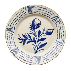 Hand Painted Blue & White Flowers and Waves Dinner Plates