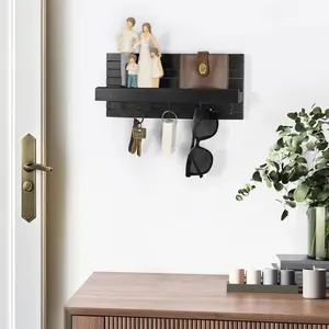 Key Holder for Wall with Shelf, Entryway Shelf with Hooks Holds Leashes, Jackets and Glasses – Sturdy Wood Keyholder Entrance Hanger