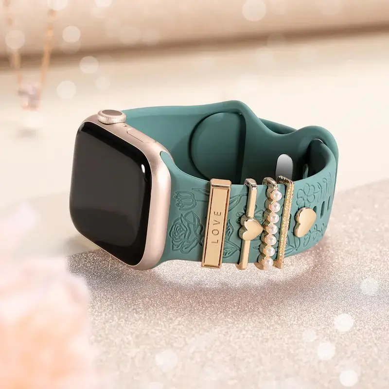Women's Aesthetic Floral Engraved Apple Watch Band Accessory, Soft Silicone Strap with LOVE & Heart Charm, Pearl Beaded Wearable Wristband Gift for iWatch Series 1-10, SE & Ultra