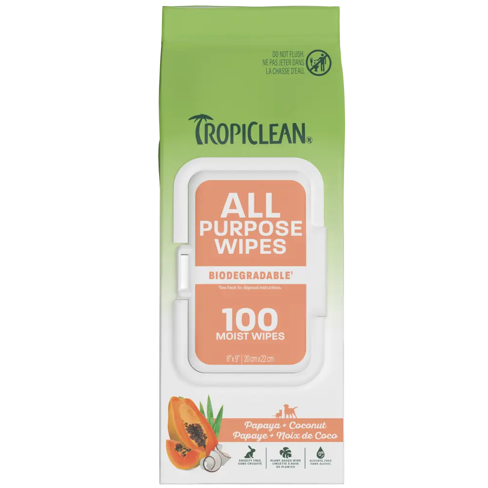 100ct TropiClean Papaya + Coconut All Purpose Pet Wipes - Wipes for Dogs & Cats - Gently Removes Dirt, Dander & Smells - for Pet Paws, Face, Body & Bottom - Tropical Papaya & Coconut Scent, All-In-One Grooming Wipes