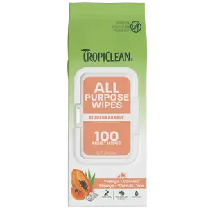 100ct TropiClean Papaya + Coconut All Purpose Pet Wipes - Wipes for Dogs & Cats - Gently Removes Dirt, Dander & Smells - for Pet Paws, Face, Body & Bottom - Tropical Papaya & Coconut Scent, All-In-One Grooming Wipes