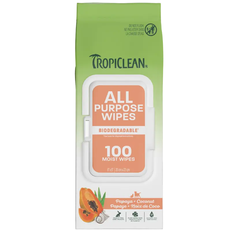 100ct TropiClean Papaya + Coconut All Purpose Pet Wipes - Wipes for Dogs & Cats - Gently Removes Dirt, Dander & Smells - for Pet Paws, Face, Body & Bottom - Tropical Papaya & Coconut Scent, All-In-One Grooming Wipes