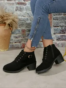 Women's Blue Lace-Up Thick Sole Short Boots, Metal Buckle Decor, Fashionable Versatile Shoes for Daily Wear, Western Ankle Boots