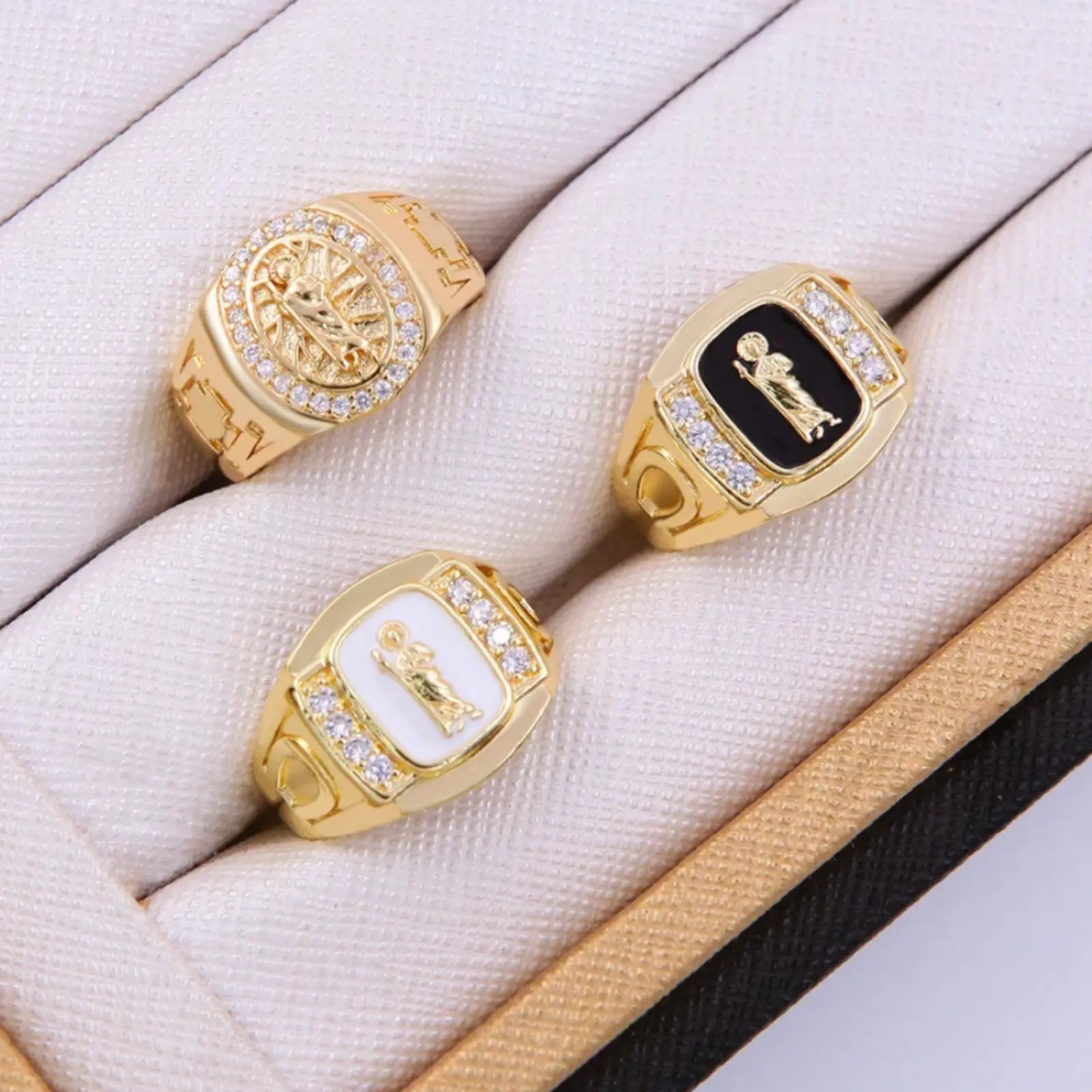 14k gold plated ring with CZ/Oil Drop stone in the shape of Saint Jude, wide, suitable for daily wear and as a gift for both men and women