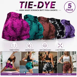 5-Pack Women's High-Waisted Tie-Dye Biker Shorts Tummy Control & Booty Lifting Gym Pants Buttery Soft Stretchy Fabric 5-Inch Inseam Perfect for Gym Casual Outings Basic Womenswear Athletic