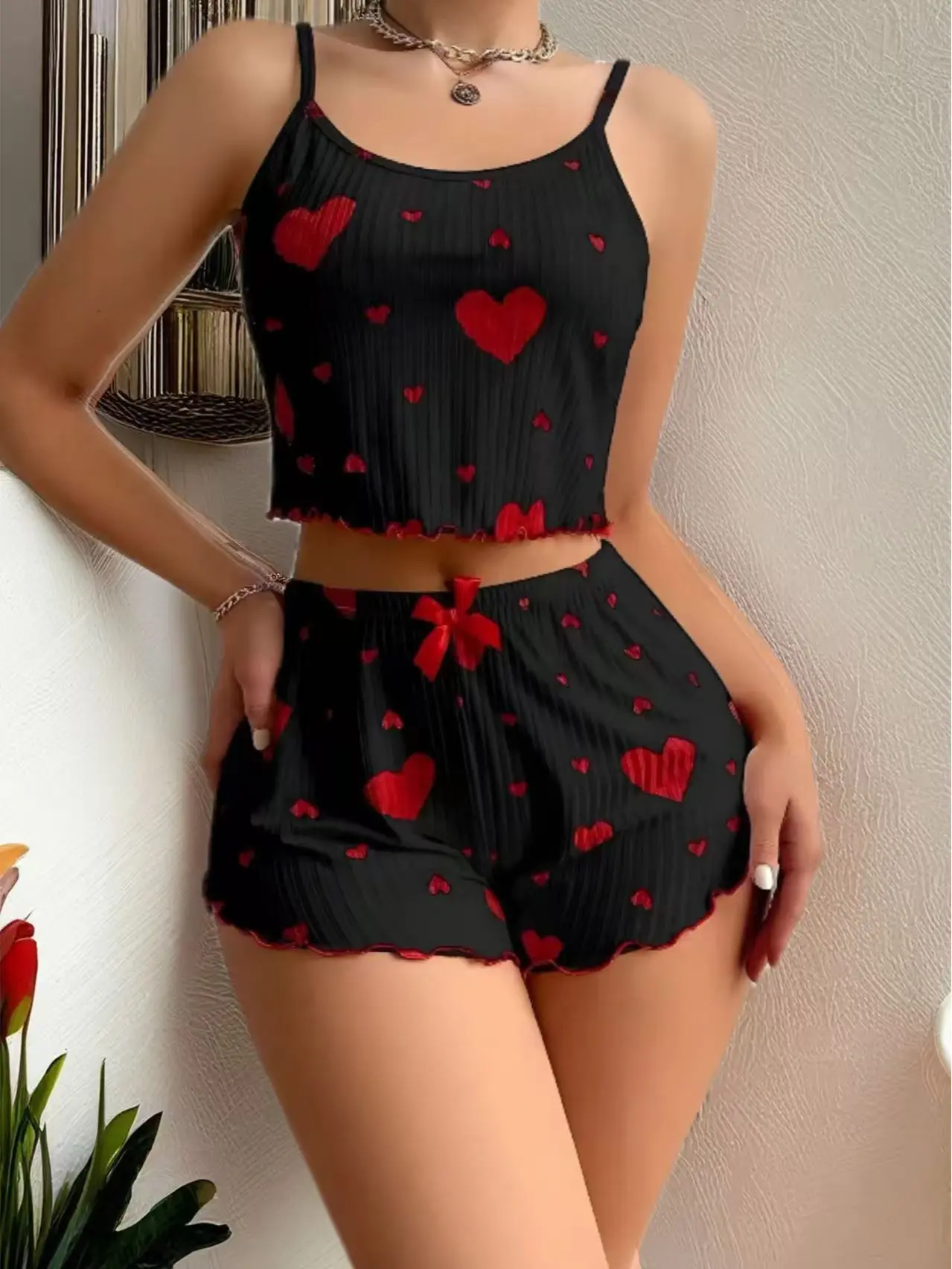 Summer New Women's Pajama Set Breathable Soft Casual Love Printed Design Sweet Home Strap Shorts Pajamas