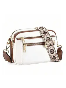 Retro Small Square Bag, Contrasting Colors, Printed Wide Shoulder Straps, Multiple Zipper Design, Fashionable and Versatile One-shoulder Crossbody Bag, Large Capacity, Suitable for Daily Commuting Office Workers, Fashionable Casual Shoulder Bag