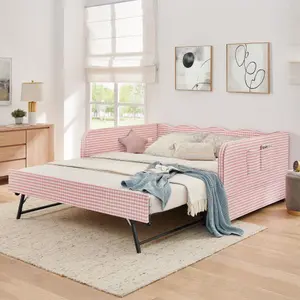 Bellemave Full-Size Gingham Upholstered 3-in-1 Convertible Sofa Bed - Daybed with Pull-Out Trundle, Side Storage Pockets, Perfect for Small-Space Living