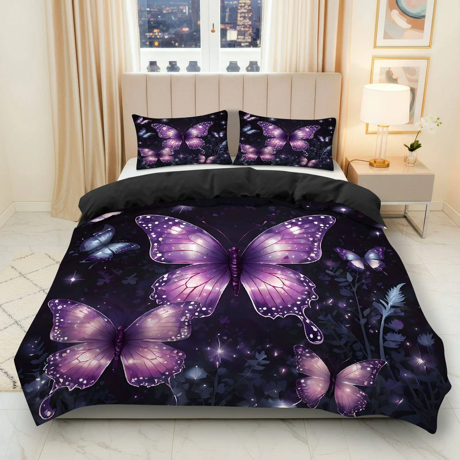 3PCS Duvet Cover Set, 1 Duvet+2 Pillowcases(Without filler), Butterfly Night Fantasy Glow Nature Dream theme, Christmas bedding set, Elegant Purple Bedding Suitable for decoration bedroom, guest room, hotel, cozy corner.