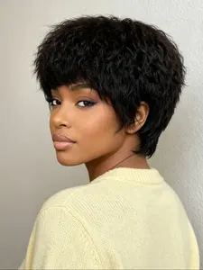 6 Inches Short Pixie Cut Wig, Human Hair Machine Made, Straight Jerry Curly Pixie Wigs, Casual Style, No Bangs, Curly Hair