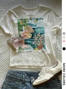 Women's Slogan & Floral Print Round Neck Short Sleeve Casual Versatile T-Shirt, Y2K Style, Fitted, All Seasons, Graphic Pattern