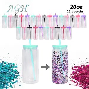 AGH 25pcs Acrylic Double Wall Cups Snow Globe Plastic Tumblers Can with Color Lid & Straw for DIY Sticker Gift Water Bottles Drinkware Halloween