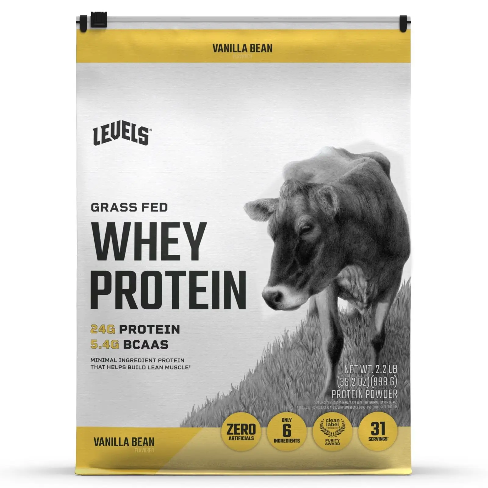 Levels Nutrition Grass Fed Concentrated Whey Protein Powder Supplement - Vanilla, 2.2lb, 31 Servings, 24g Protein/Serving, Pure Natural GMO-Free Ingredients, No Additives, Workout Fuel for Adult Fitness Enthusiasts, Lean Muscle Booster, Adults