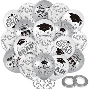 60Pcs Graduation Party Balloons Set 7 Designs Silver White Confetti Latex Balloon with 2 Rolls Ribbon Grad Cap Congrats Grad Balloon for Graduation Party Decoration Supplies