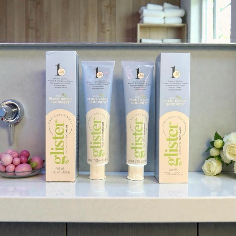 GLISTER Toothpaste with Plant-Based Goodness Multi Action toothpaste, pack of two.