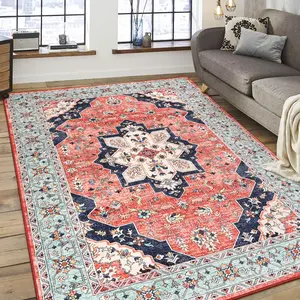Modern Machine Washable Vintage Area Rug, Faux Cashmere Non-Slip Low Pile Large Rug For Living Room, Bedroom, Farmhouse, Dining Room, Orange, Red/Blue, Grey, Light Blue, Beige, 5x7, 7x10, 9x11 Feet