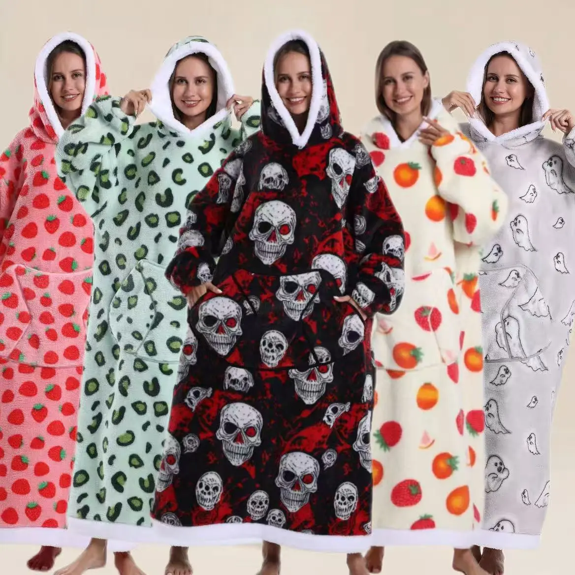Long Skull Soft Cozy Blanket Lounger Robe, Hooded Pocket, Soft Comfortable, Easy Wear, Unisex Home Sleepwear, Fall Winter Gift, Hooded Blankets
