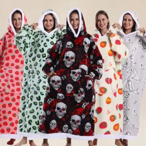 Long Skull Blanket Lounger Robe, Hooded Pocket, Soft Comfortable, Easy Wear, Unisex Home Sleepwear, Fall Winter Gift