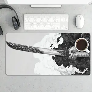 Japanese Samurai Sword Pattern Mouse Pad with Stitched Edge Large Extended Desk Keyboard Mat for Gaming Office Home Use
