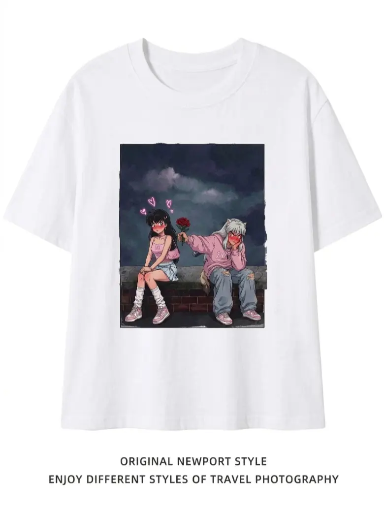 Anime Couple Shirt, Inuyasha Kagome Inspired Tee, Cute Tsundere Love Shirt, Pink Aesthetic Anime T-Shirt, Romantic Anime Couple Gift Womenswear Cotton Top Wetsuit Crewneck Crewneck Round Neck Streetwear Tshirt Wetsuit