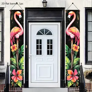2D flat banner, 1 piece, front door decoration set, including a two-piece set, a summer Hawaiian flamingo-themed porch decoration banner, couplets hanging decorations, indoor and outdoor party decorations, kdj