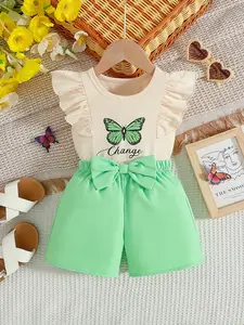 Girls' set, girls' summer set, fresh green butterfly girl style, two-piece set of girls' flying sleeve top and shorts, ruffled small flying sleeves+mint green big bow flower bud waist shorts, children's Easter gift, suitable for outdoor dressing and hundr