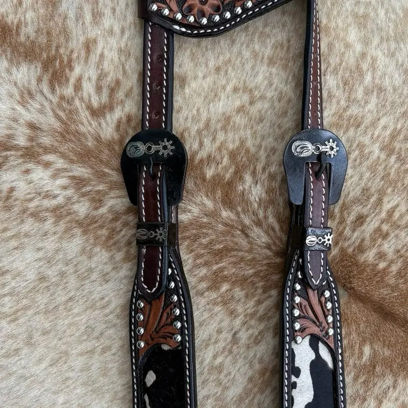 Two Tone Leather Western Single Ear Headstall Hair On Cowhide Inlay Horse Size
