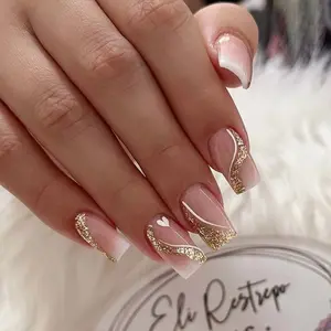 24pcs Glitter Wave French Nail Art, Medium Long Square False Nails, French Tips Nails, Glossy Finish, Single Item Pack, Non-Flammable, Square Fake Nails