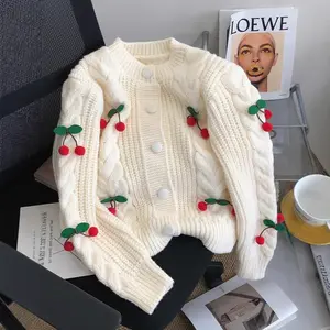 Autumn Winter New Cherry Age-Reducing Sweet Sweater Women Short Thick Knitted Cardigan Loose Lazy Style Top
