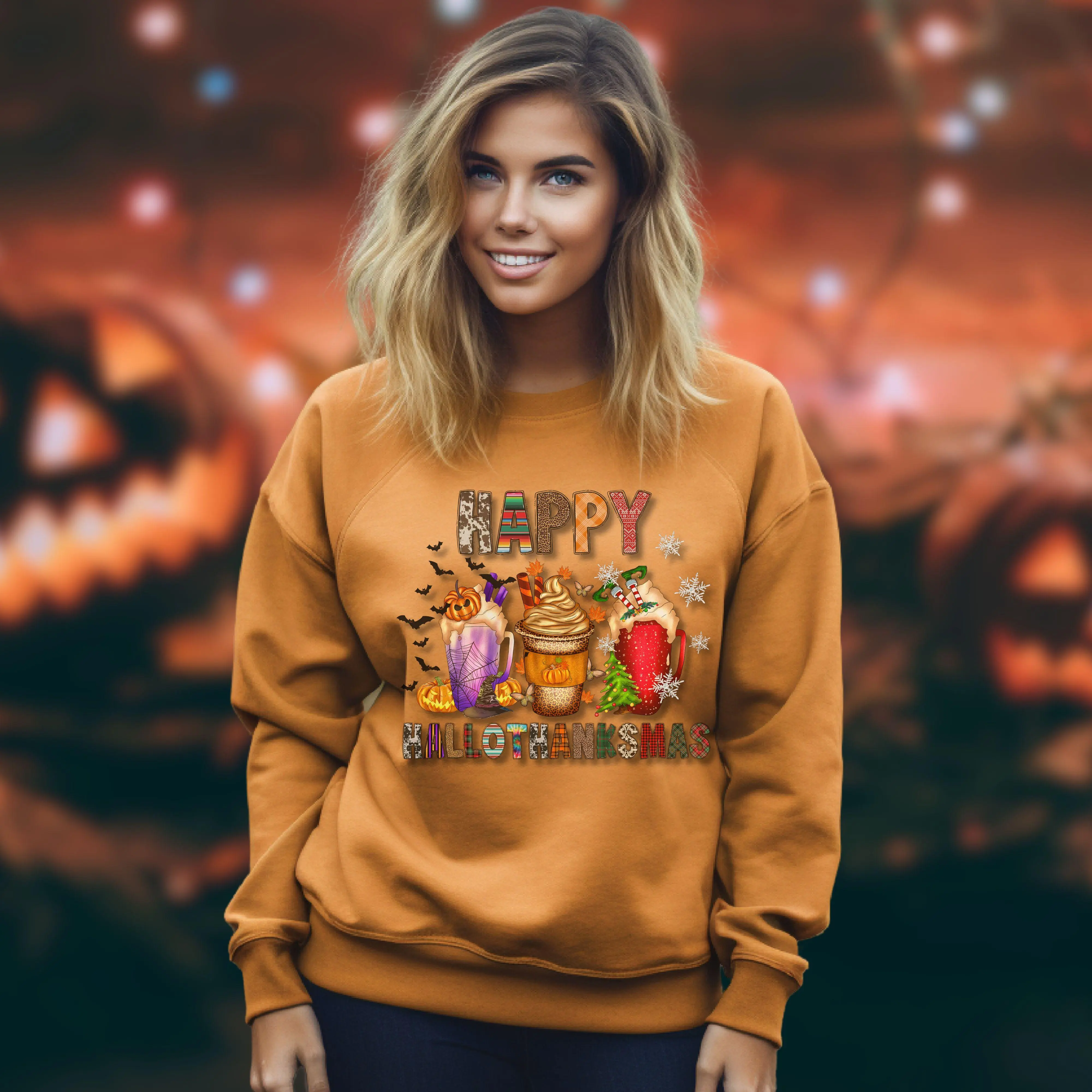 Happy Hallowthankmas Unisex Sweater, Premium Fit, 5.3 oz. 100% Preshrunk Cotton, Sustainable & Fairly Grown USA Cotton, Eclectic Designs