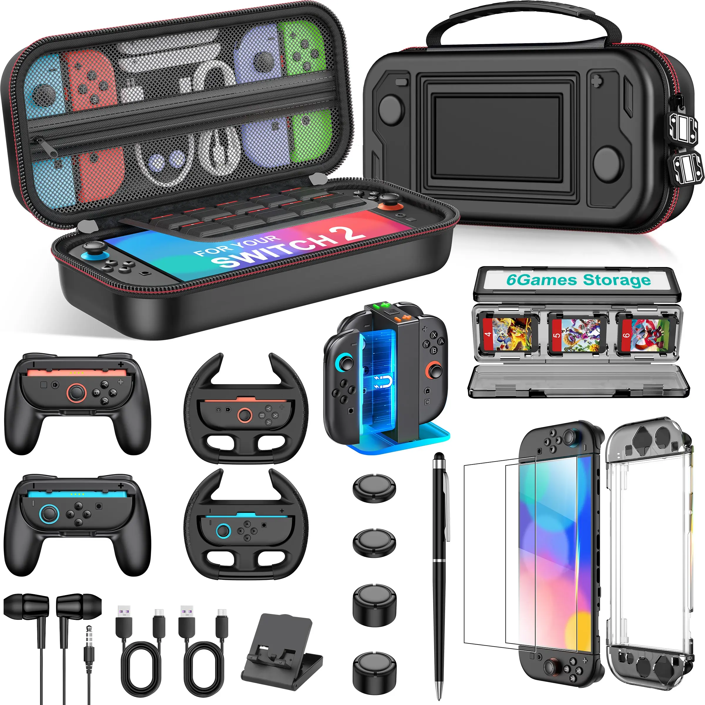 BEBONCOOL 17-in-1 Waterproof Nintendo Switch 2 Console Accessories Bundle Kit - 2025 Foldable Handheld Case (Fits Switch/OLED), Charging Joystick, Transparent Touchscreen Films, Steering Wheel, Joystick Grip, Game Card Holder, Cable & More for Gamers