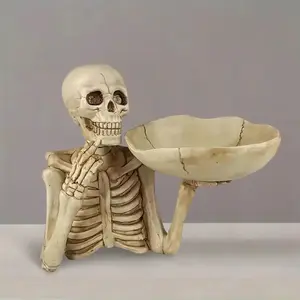 Resin Skull Tray with Bowl, Unique Skeleton Statue Design for Indoor and Outdoor Decor, Perfect for Halloween and Gothic Theme Rooms