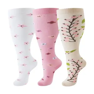 Kmhsozy Plus Size Over-the-Knee Socks for Women 3-Pack | Nylon Blend, Breathable & Lightweight | Moisture Wicking Long Knee-High Socks with Floral Pattern for Daily Wear & Parties compression wide calf