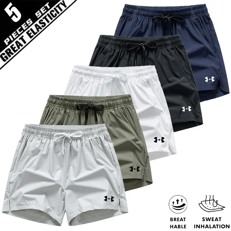 Men's 5-Pack Ice Silk Nylon Shorts - Regular Fit, Mid Waist with Drawstring, Zipper Pockets, Breathable, Athletic Look, Fitted Cut, Suitable for Daily & Outdoor Use, Year-Round Men's Bottoms (92% Nylon 8% Spandex)