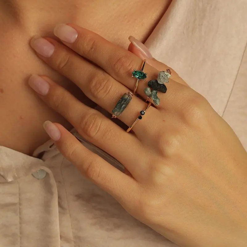 Boho Style Stackable Crystal Ring Set, Green Quartz Stone Rings Set