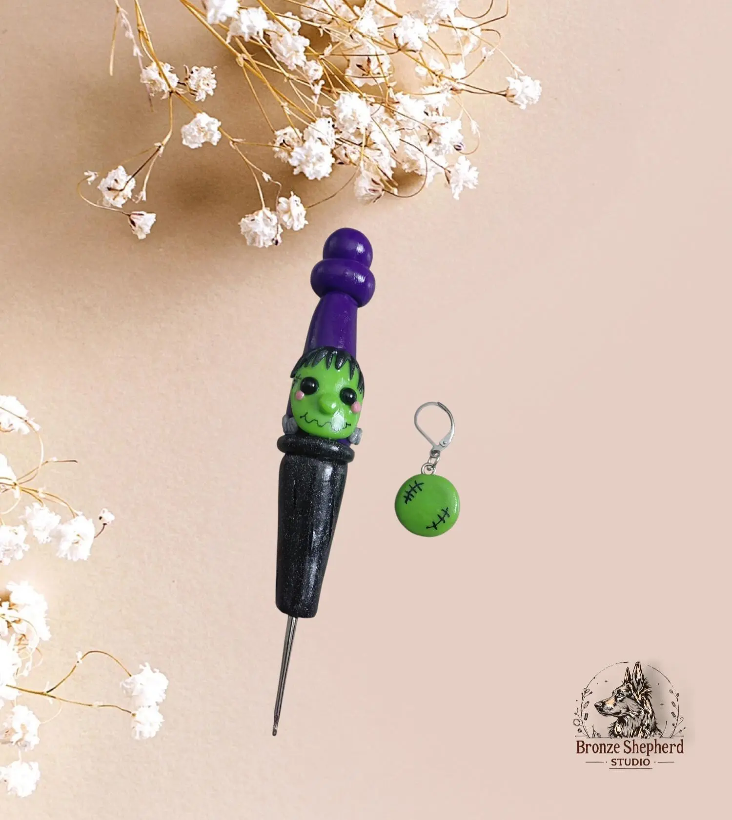 Polymer clay cute Frankenstein crochet hook / kawaii green monster crochet hook / fall halloween crochet hook knitting accessory