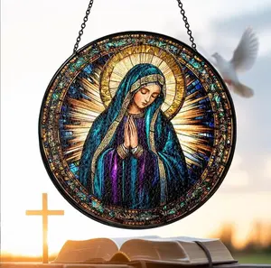 Virgin Mary Stained Glass Suncatcher Window Hanging, Catholic Religious Home Decor with Chain, Spiritual Faith Window Ornament