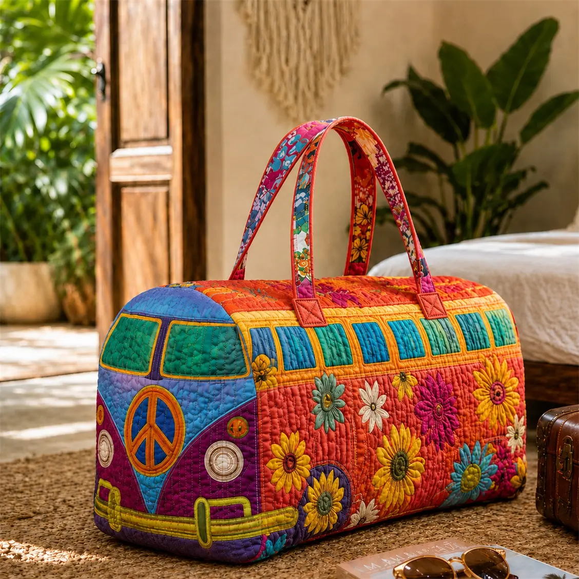Women’s Retro Hippie Van Quilted Weekender Bag, Large Capacity Floral Travel Duffle, Carry On Overnight Tote for Vacation, Road Trip, Beach Getaway, Gym