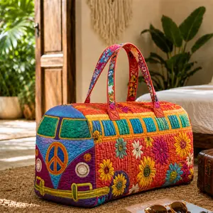 Women’s Retro Hippie Van Quilted Weekender Bag, Large Capacity Floral Travel Duffle, Carry On Overnight Tote for Vacation, Road Trip, Beach Getaway, Gym