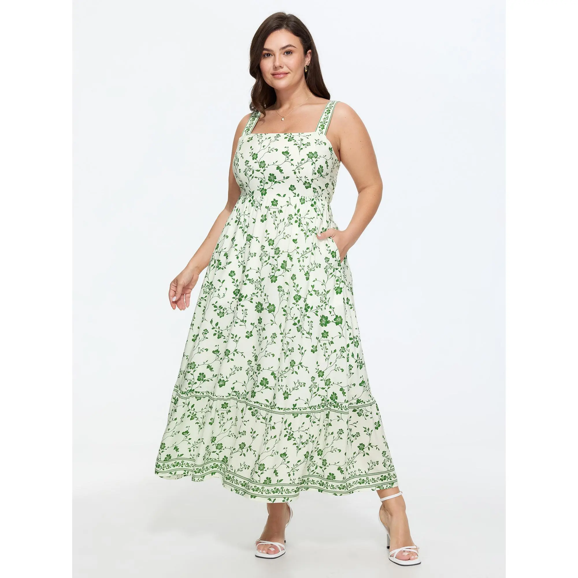 BloomChic Women's Plus Size Ditsy Floral Cami Midi Dress in Rayon Fabric, Timeless Summer Style for Lady with Smocked Bodice, Tiered Skirt & Pockets, Casual Wear, Rayon Shell, Garment, Pull-On, 14-16/1X, Cold Wash, Fit, Sleeve, Plus Size Clothes, Curvy Dr