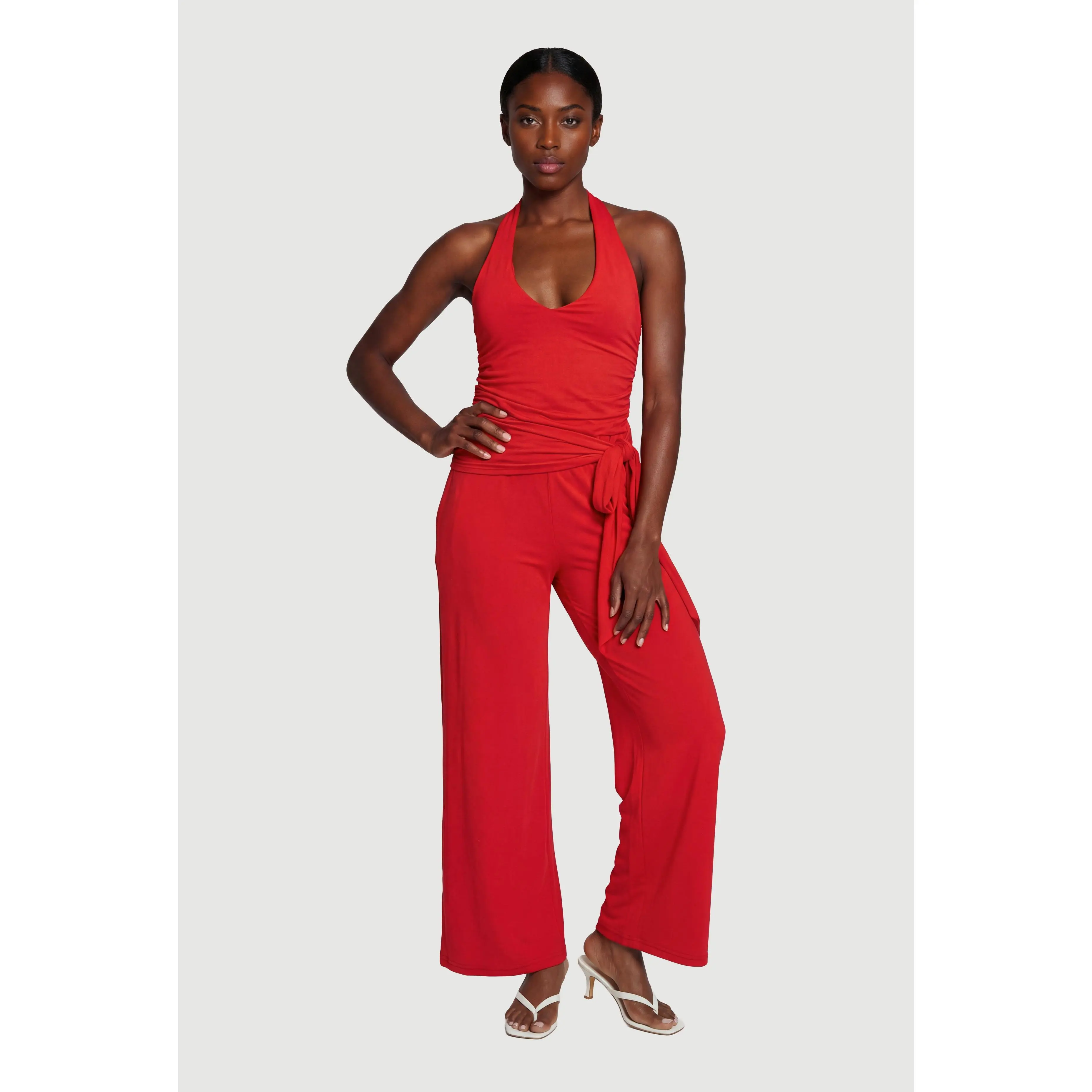 Side Ruched Halter Tie Back Wide Leg Jumpsuit