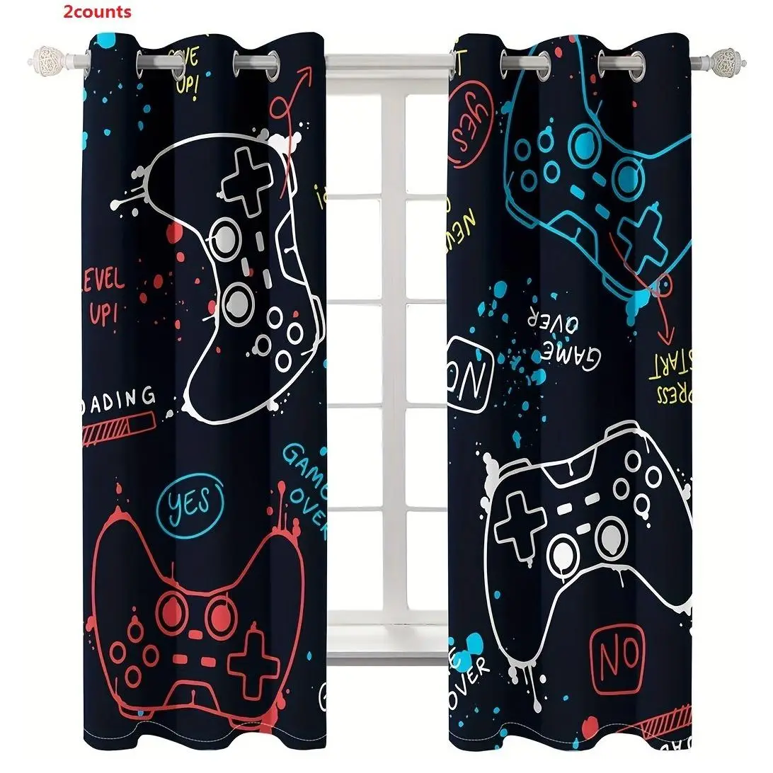 Game Controller Pattern Curtain, 2 Counts/set Gaming Console Print Window Treatments, Window Drapes for Home Living Room Bedroom Game Room Decor
