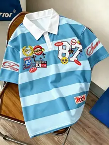 Streetwear Men's Striped Polo Shirt, Unique Letter Number Pattern, Ideal for School, Outing, Gift for Friends, Fitted Design
