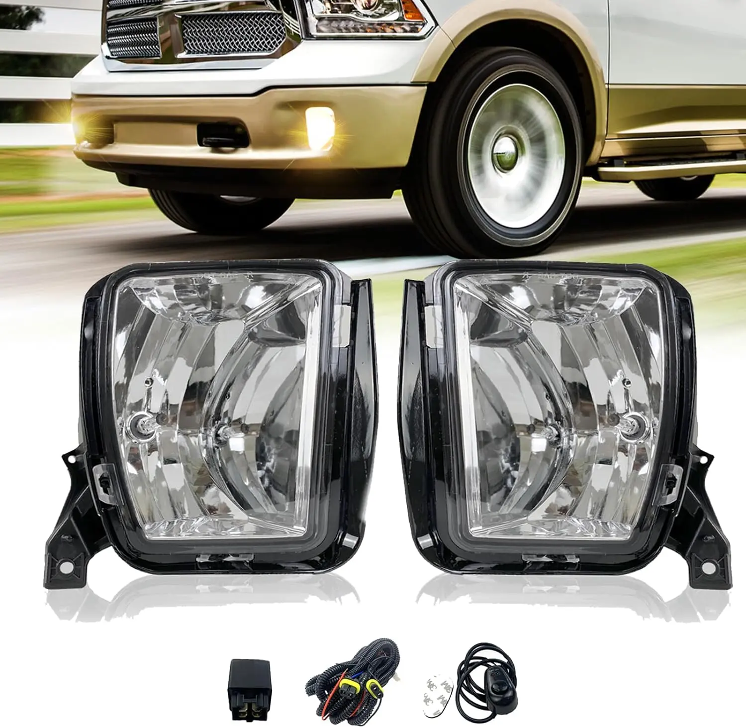 Aftermarket Truck Fog Lights Assembly for Dodge Ram 1500 (2013-2018, 2019-2021 Classic) - OE Fit, 9006 Hi/Low Bulbs, Waterproof, UV Resistant, Plug N’ Play, Glass Lens, 2-Year Warranty, OE Part 68104820AB/AC, Low-Light Car Upgrade, Custom Car Accessories,