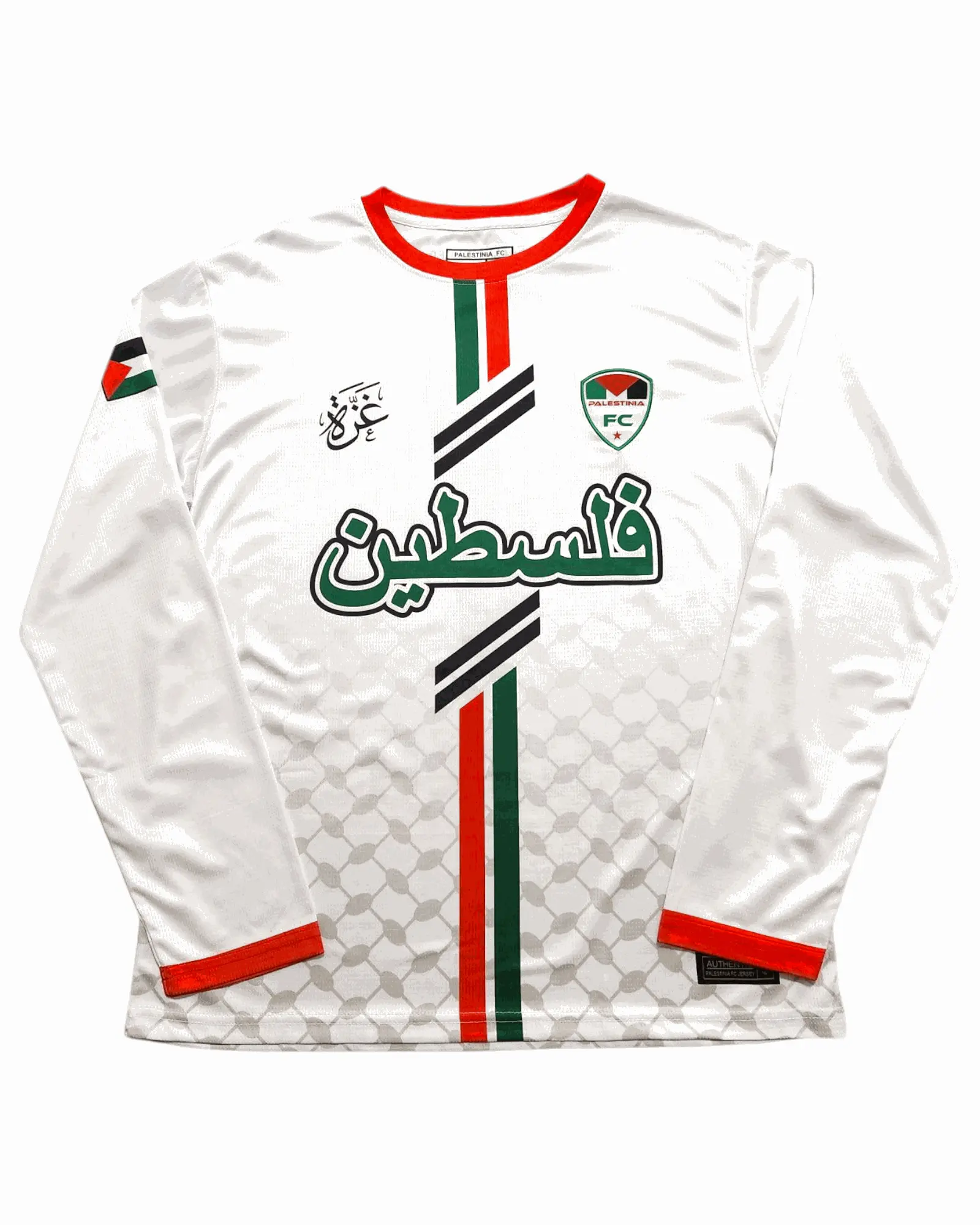 White Palestine Arabic Jersey (Green/Red Stripes) Long Sleeve