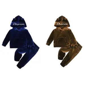 Ready Stock 6m-3y Boys Long Sleeve Letter Embroidery Cute Ear Design Hoodie & Pants Set 2Pcs Cozy Velvet Clothing for Infant Toddler Fall/Winter 42406056