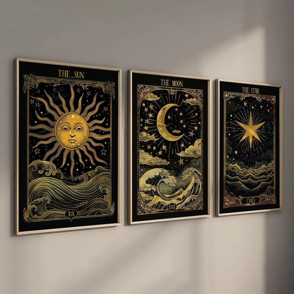 Vintage Tarot Card Pattern Unframed Painting, 3 Counts/set Earthy Boho Canvas Posters, Unique Artwork, Astrology Print, Eclectic Wall Art Decor for Home Living Room Bedroom Dining Room, Ornaments