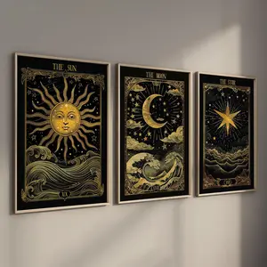 Vintage Tarot Card Pattern Unframed Painting, 3 Counts/set Earthy Boho Canvas Posters, Astrology Print, Wall Art Decor for Home Living Room Bedroom Dining Room, Ornaments